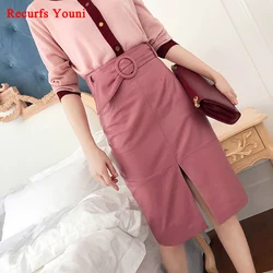 RYS9325 Winter Women Genuine Leather 65cm Long Wrap Skirt Female Ring Belt High Waist Faldas Mujer Front Slit OL Sexy Pink Jupe