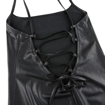 Women Sexy Suspender Mid-length Bodycon Dress Fashion Solid Color Leather Bandage Backless Skinny Split Dress For Female Mujer 6