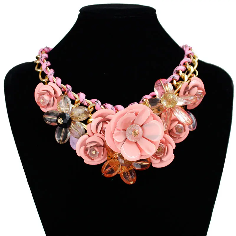 New Arrival Women exaggeration Flower Necklace Gem Pendant Rope Woven Necklace For Women Gift Ladies