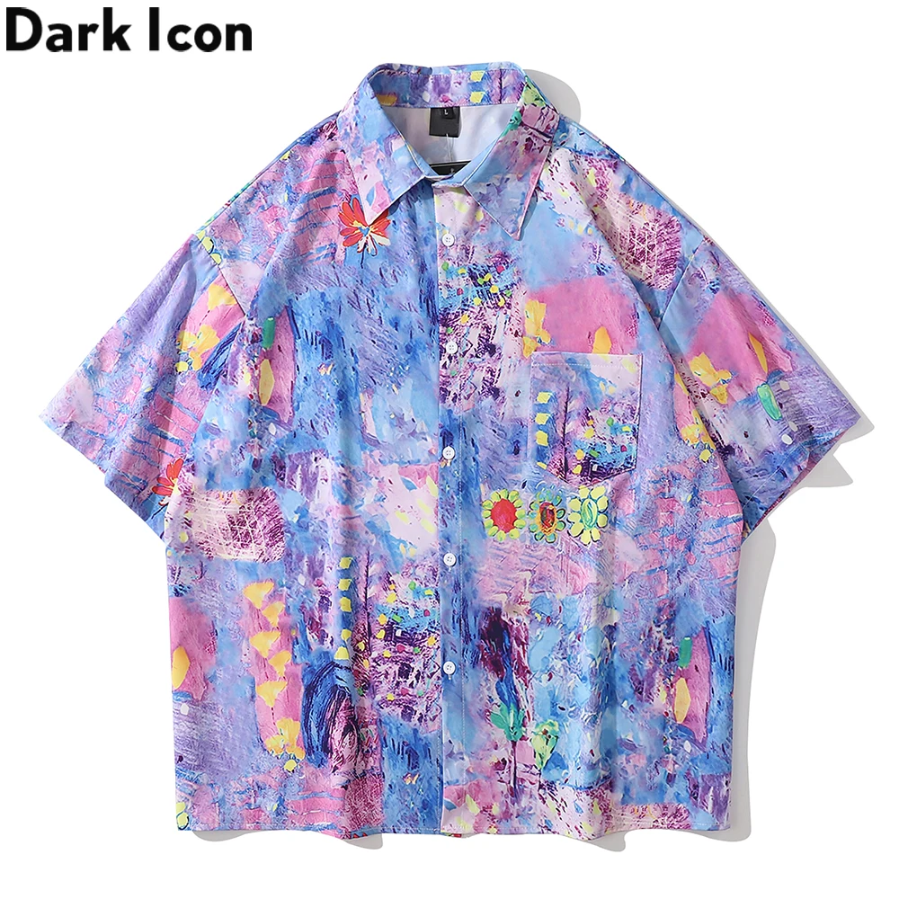 Dark Icon Colorful Printed Men\'s Shirts Short Sleeved Chest Pocket Hawaiian Shirts With Turn-down Collar Shirt For Holidays