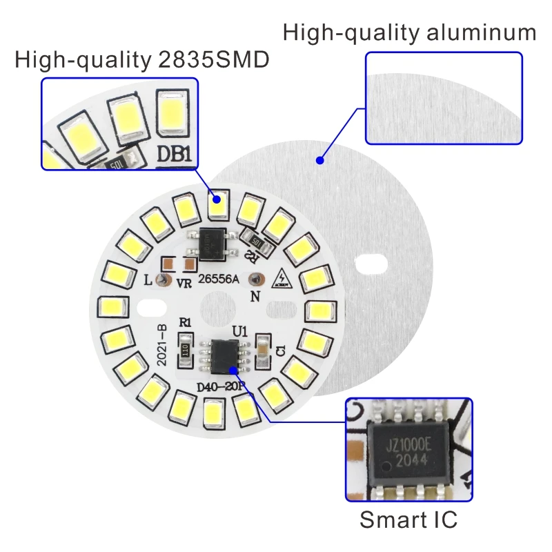 電球用ledチップ,ピース/ロット個,3w,5w,7w,9w,12w,90ルーメン/w,2835smd,丸型電球ビーズ,ac 220v-240v,電球チップ照明