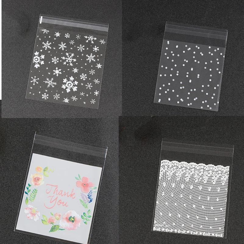 Bolsa de plástico transparente para embalaje de dulces, 100 piezas, 14x14cm, punto, flor de cerezo, copo de nieve, encaje, gracias, galleta de caramelo