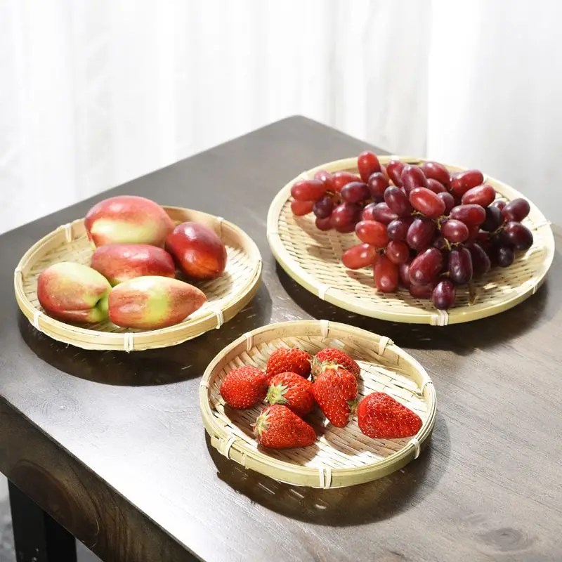 Tessitura fatta a mano bambù setaccio zattera rotonda paletta fai da te decorativo frutta cesto di pane vassoi portaoggetti cucina stoccaggio nuovo