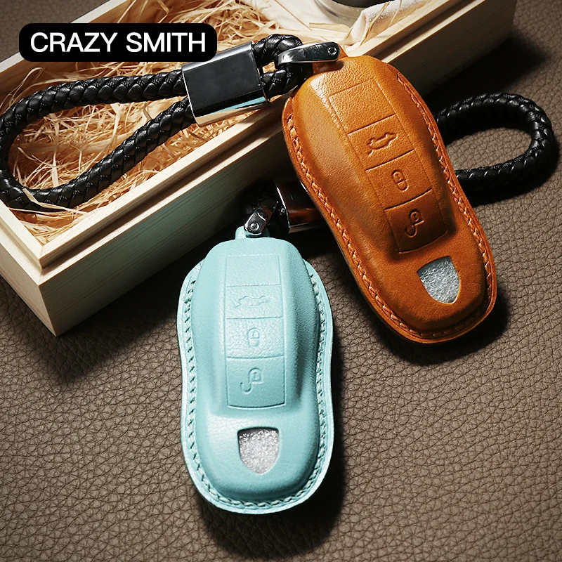 

Crazy Smith Smart Car Key Cover for Porsche Full Grain Genuine Leather Super Crafts Hand Sewing High Grade Father's Day Gift Red