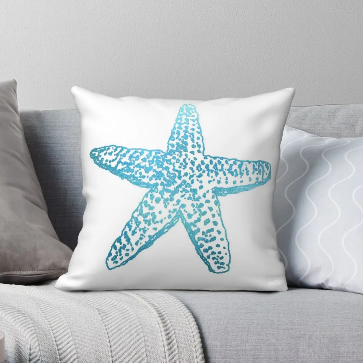 Starfish Iridescent Teal Blue Square Pillowcase Polyester Linen Velvet Printed Zip Decor Throw Pillow Case Home Cushion Cover