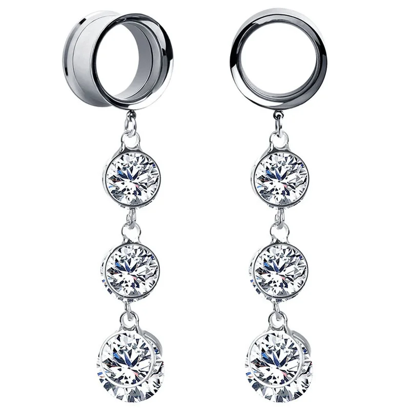 2pieces Stainless Steel Ear Tunnels Plugs and Tunnels Dilataciones Oreja Expansiones Oreja Ear Piercing Gem CZ Crystal Dangle