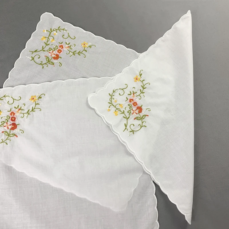 ladies handkerchief White Cotton Hankies with Scallop Edges & Color embroidery Floral Hanky 12x12-inch