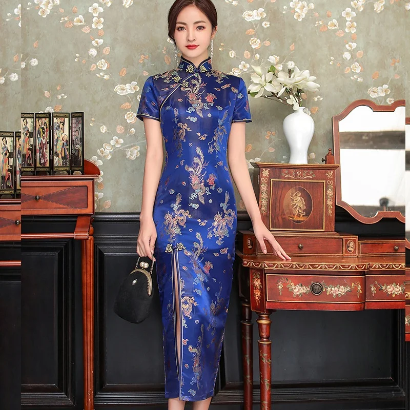 Wine Red Long Cheongsam Dragon Print Chinese National Dress Handmade Button Vintage Women Sexy Evening Dress Qipao