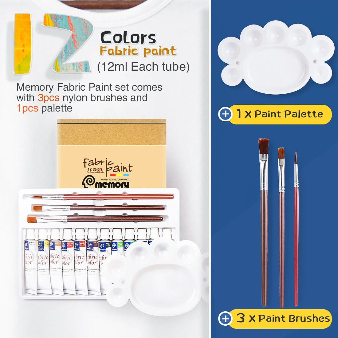 Memory Fabric Paints Set 12 Colors Dye for Textile Art Acrylic Painting Pigments  on Clothing - Include 3 Brushes & 1 Palette