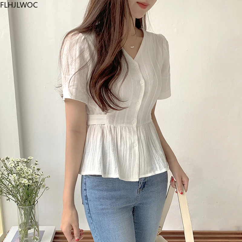 Short Chic Tops Summer Puff Sleeve Slim Waist Peplum Lace-Up Bow Tie Ruffled Shirt Blouse Women Top Korean Japan Flhjlwoc Cute