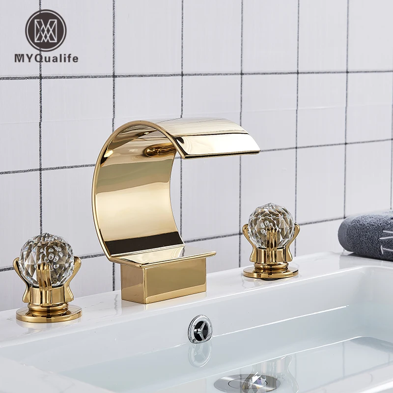 Luxurious Gold Bathroom Basin Faucet Brass Deck Mounted Double handle Cold and Hot Waterfall Basin faucet