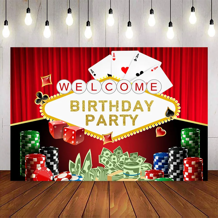 

Birthday party casino backdrop for photography poker chips red curtrain background for photo studio happy birthday theme party