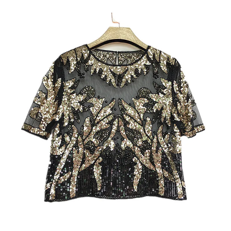 2023 Vintage elegant beading sequins mesh top bling perspective short sleeve t shirt women fashion tee shirt feme SIDAIMI