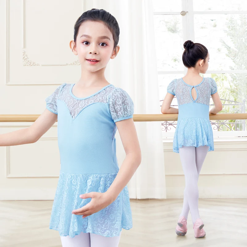 Girls Lace Ballet Leotards Teen Puff Sleeve Ballet Bodysuit Dance Wear Dress Gymnastics Leotards Pink Blue Child Dance Costumes