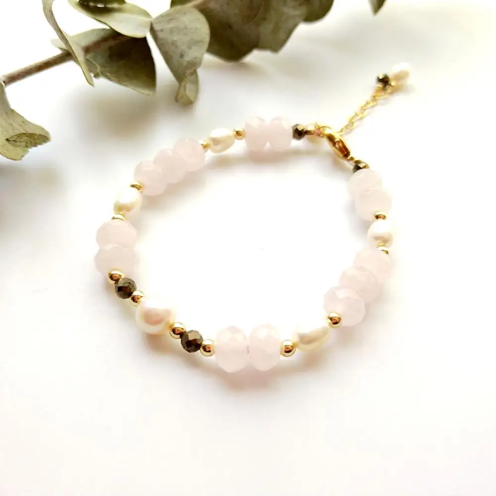 

Lii Ji Natural Rose Quartz Freshwater Pearl Pyrite American 14K Gold Filled Adjustabout Bracelet