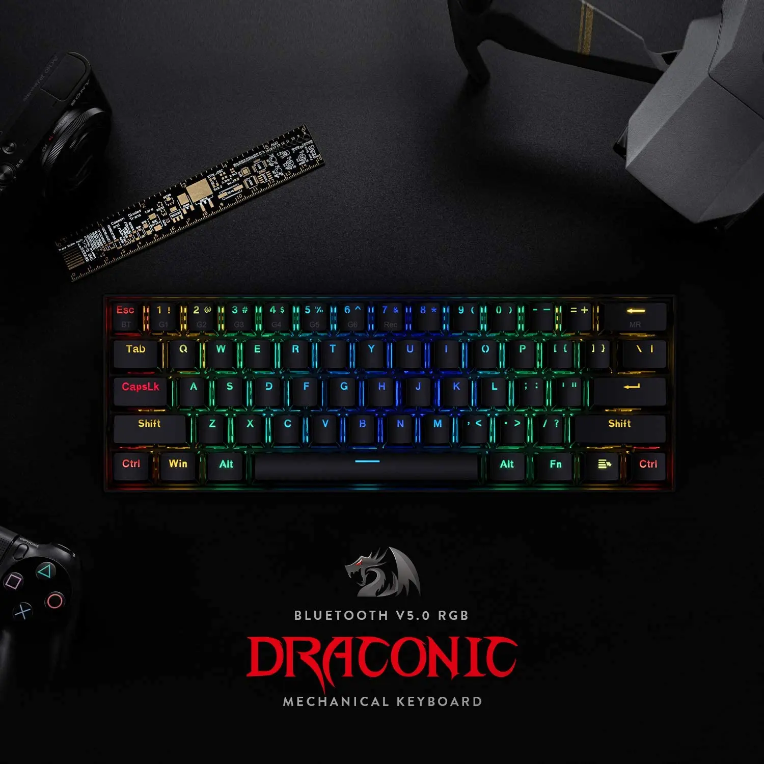 Redragon-teclado inalámbrico K530 Dragon 60%, periférico compacto RGB, 61 botones, diseño sin llave, Bluetooth 5,0, para videojuegos, PC, Phablet