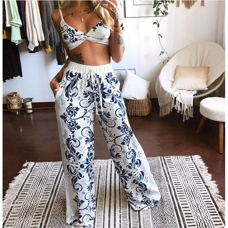 2 Pcs Summer Tracksuit Sets Womens Boho Outfits Beach Style Print Underwear Tops Loose Wide Leg Pants Female Clothes Sets