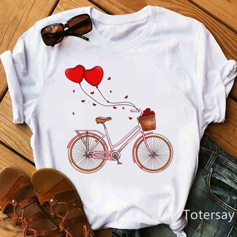 T Shirt Femme Love Balloon Bicycle Graphic Print Women T-Shirt  Harajuku90skorean Style Clothes Casual Tshirt Women Clothes