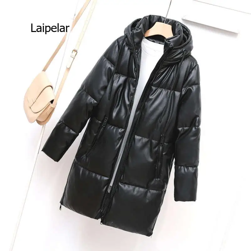 Waterproof Faux PU Leather Long Winter Hooded Jacket Women Fashion Black Warm Quilted Coats Cotton Padded Jackets Outwear