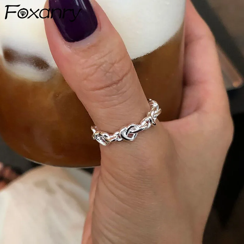 FOXANRY Silver Color Rings for Women Trendy Elegant Creative Weave Texture LOVE Heart Girl Party Jewelry Birthday Gifts