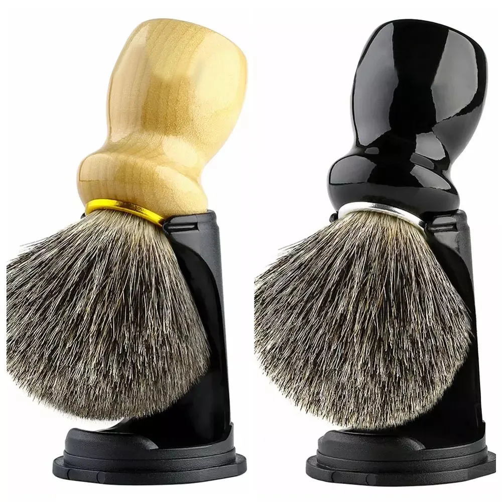 2PCS Shaving Brush Holder Set, Pure Badger Hair Shave Brush Wood Handle Resin Stand 2in1 Traditional Shaving Kit for Men