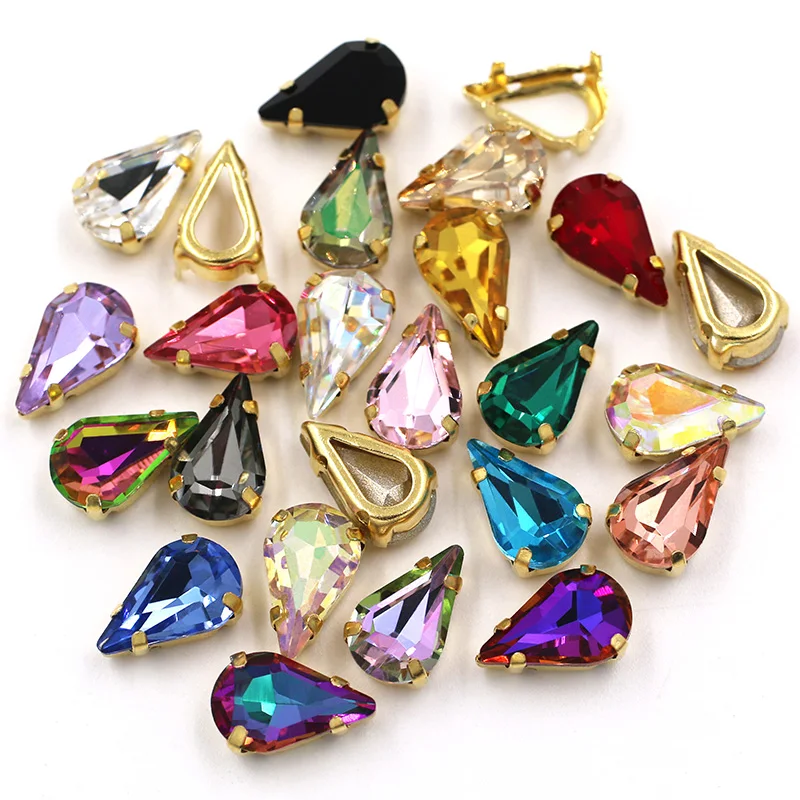 8X13mm High Quality Teardrop Shape Glass Crystal Stones Sewing Golden Claw Setting Rhinestones For Clothing/Crafts