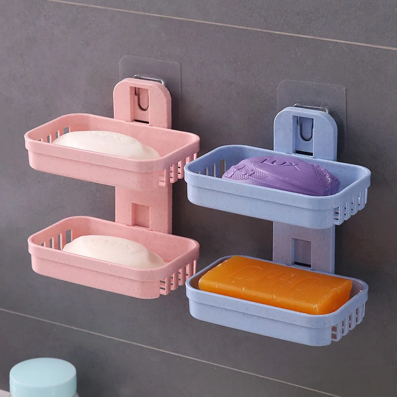 New Bathroom Suction Cup Soap Dishes Plastic Holders Wall-mounted Double-deck Creative Drainage Soap Storage Double Racks