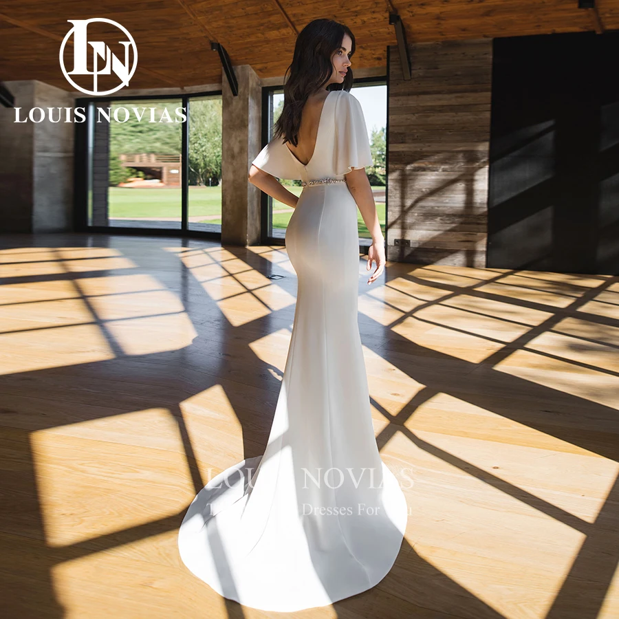 LOUIS NOVIAS Mermaid Wedding Dresses For Women Flare Sleeve Satin Beaded Sashes Sexy Deep V-Neck Bridal Backless Bride Dresses