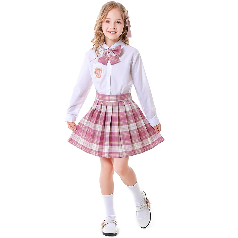 Blauwe Plaid Top + Rokken School Meisje Cosplay Kids Kinderen Halloween Student Uniform Kostuum Carnaval Purim Rollenspel Party Dress