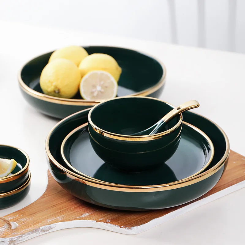 

European luxury Nordic style Phnom Penh Emerald Tableware Set Home Plate Bowl Ceramic Deep Plate Dish Set plates juul