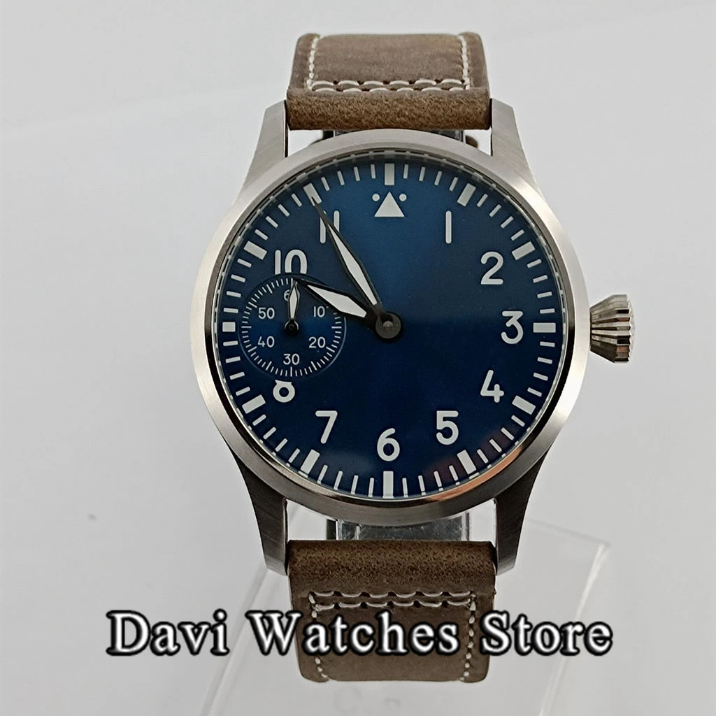 42MM Silver Hand Winding Men\'s Watch Blue Dial Luminous Marks Leather Strap Mechanical 6497 Movement Male Wristwatch