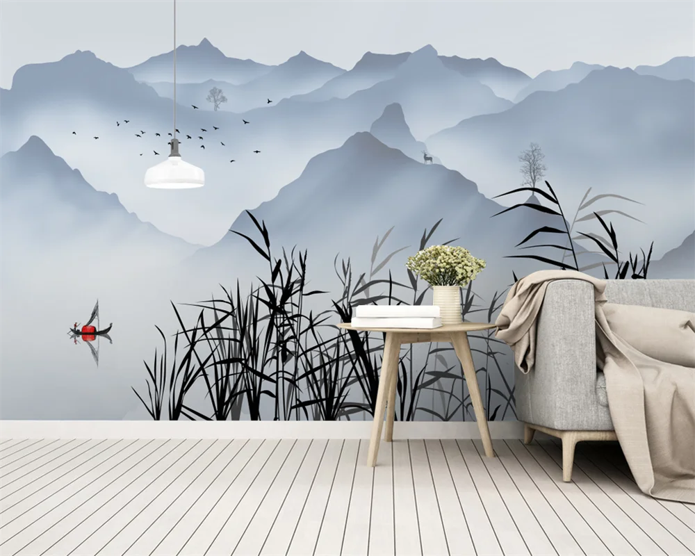 

beibehang Customized new wall papers home decor abstract artistic conception ink landscape painting reed living room wallpaper