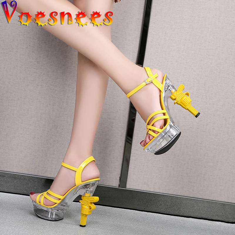 

Voesnees Women's Sandals Strange Pistol Heel Women Shoes 2021 New Summer Cross-tied High Heels Transparent Platform Party Shoes