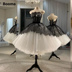 Booma Simples Ball Gown Curto Prom Dresses Strapless Lace Chá de Comprimento Vestido de Noite Fluffy Saia Vestido de Festa Formal Personalizado