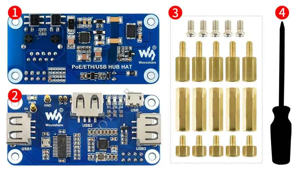 Raspberry Pi Zero PoE Ethernet / USB HUB HAT 1x RJ45, 3x USB