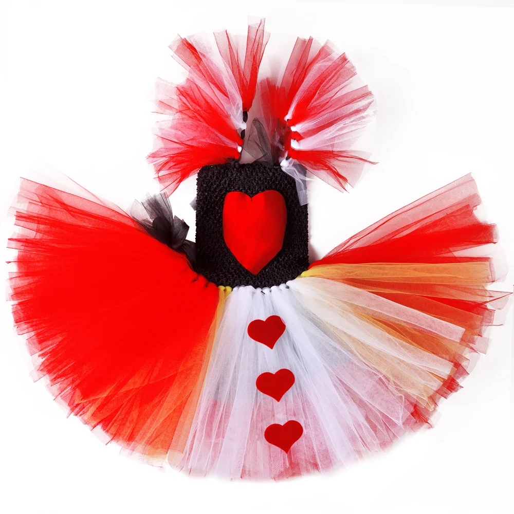 Alice in Wonderland Red Queen of Hearts Costume for Girls Carnival Halloween Tutu Dress Kids Party Outfit with Crown Magic Stick