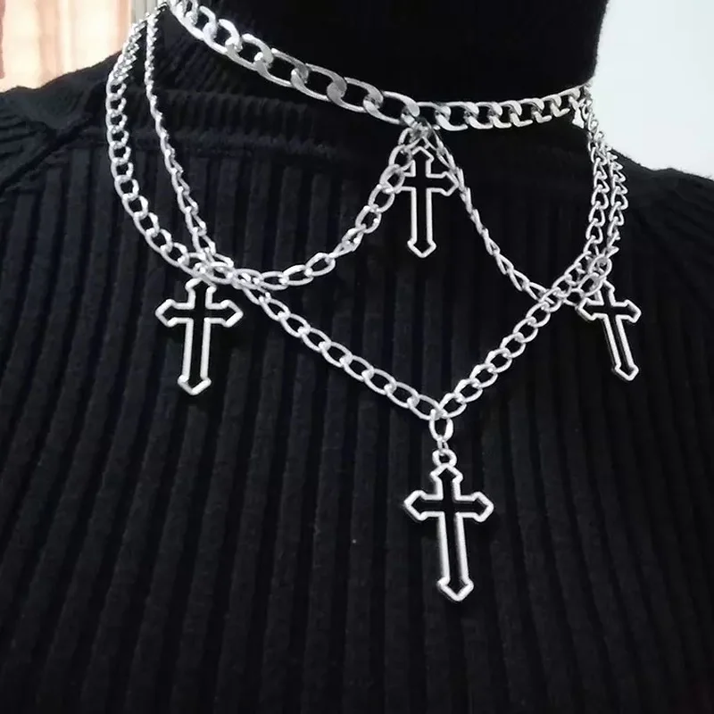 Goth Indie Silver Color Hollow Cross Pendant Necklaces Chains for Women E Girl Grunge Aesthetic Accessories Jewelry Unif Choker