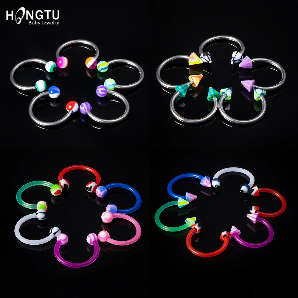 HONGTU 10pcs Circular Horseshoe Ring Nose Septum Ring Lip Rings Earrings 16g Steel & Acrylic Piercing Body Jewelry Wholesale