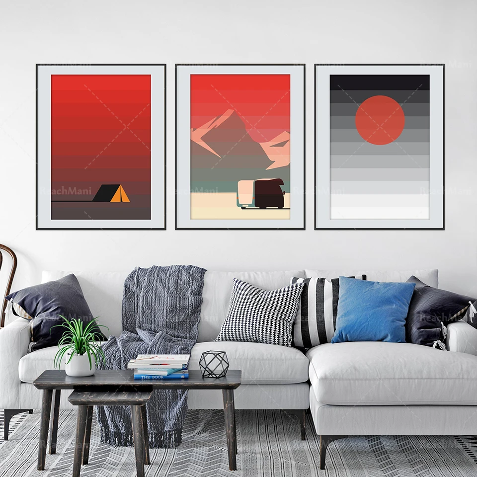 

Red Sunrise over the Mountain, Nordic Minimalist Landscape Set, Abstract Outdoor Set, Scandinavian Nature Art, Mid Century Nordi