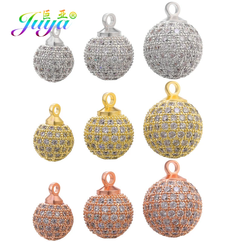Juya 4pcs/Lot Wholesale 8 10 12mm Cubic Zirconia Metal Ball Bead Charms Pendant For DIY Bracelet Earring Jewelry Making Findings