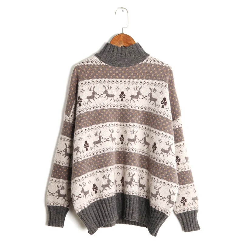 

Half-Collar Sweater Women Pullover New Style for Autumn and Winter Loose Lazy Style Deer Pattern Bottoming Sweater Jacket