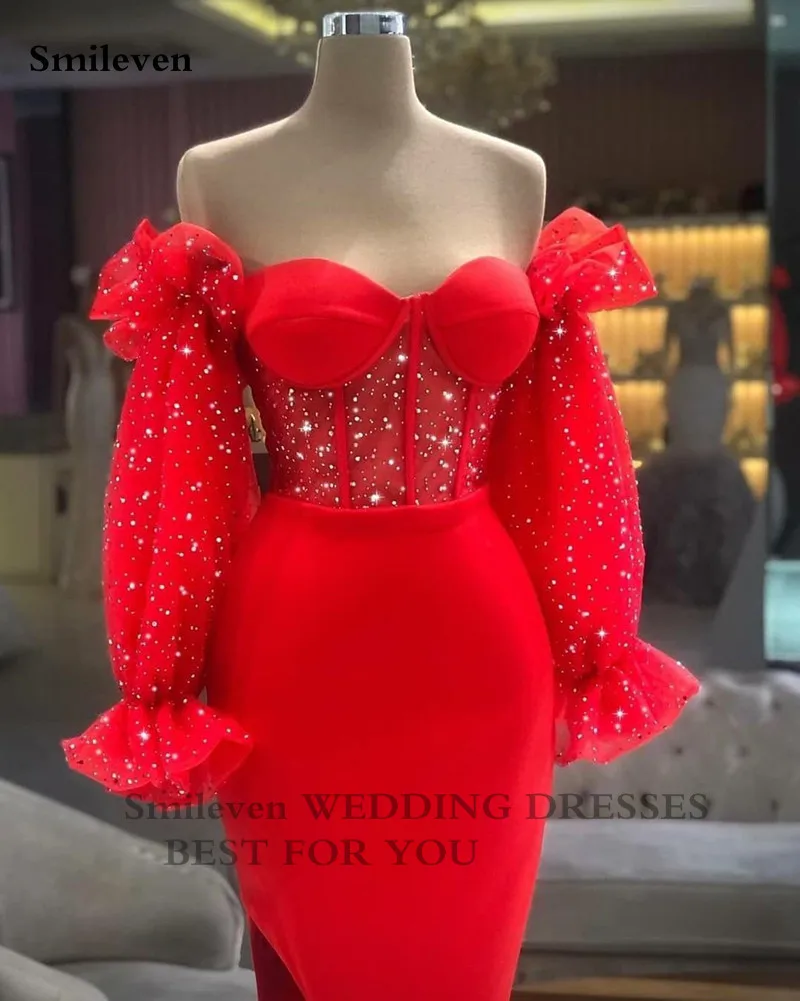 Smileven – robe de soirée sirène en Satin rouge, manches longues bouffantes, robe de bal fendue sur le côté, robe de soirée