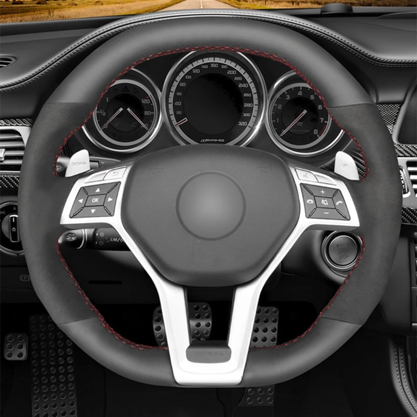 Hand-stitched Black Genuine Leather Car Steering Wheel Cover for Mercedes-Benz A 45 AMG 2013-2015 CLA 45 C 63 AMG CLS 63 AMG