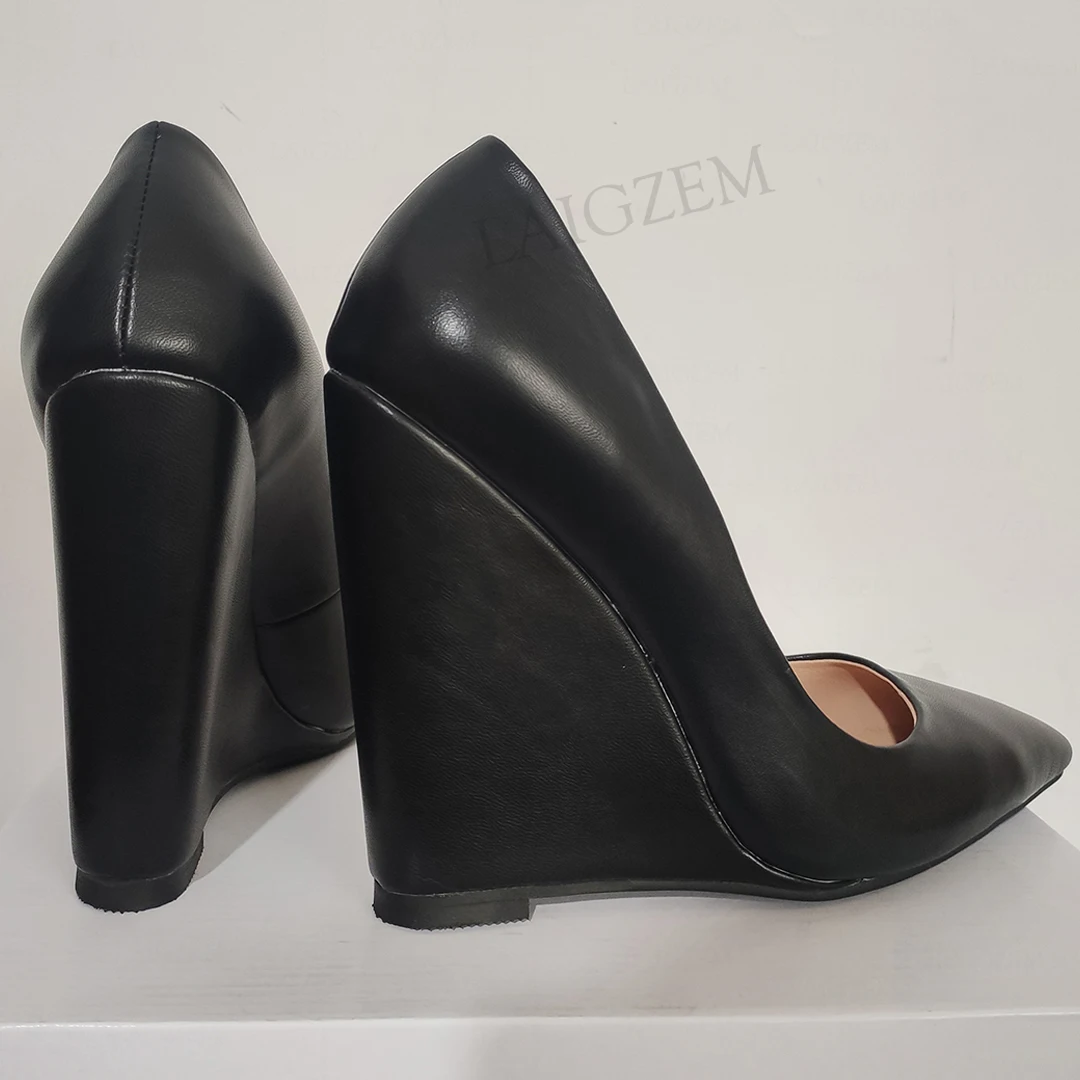 LAIGZEM Women Wedges Pumps Pointy Toe Slip On Faux Leather Black Sandals Ladies Dress Shoes Woman Zapatos Large Size 41 42 45 47