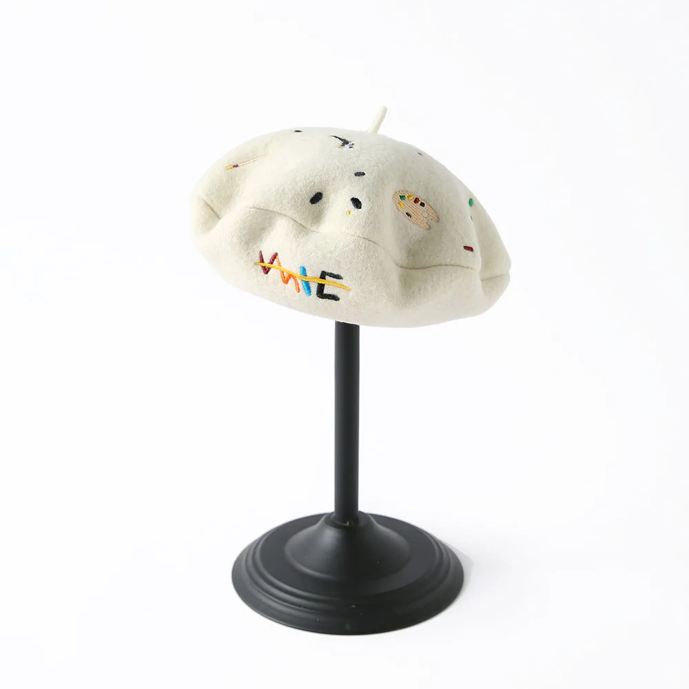 OMEA Woolen  Beret Women Japanese Cute Crown Cartoon Painter Hat Embroidery Colorful Dots Retro Beret Sweet Wool Cap Kawaii