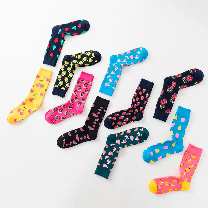 1 Pair Cotton Socks Men Women Street Skateboard Happy Socks Fruit Print Harajuku Gift Apple Pear Banana Lemon Cherry Funny Socks