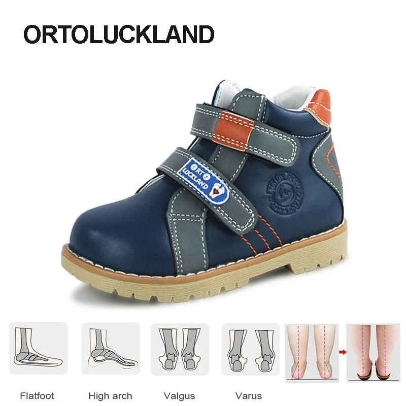 Ortoluckland Children Casual Shoes Boys Leather Orthopedic Footwear For Kids Demi Season Chunky Short Ankle Rubber Boots