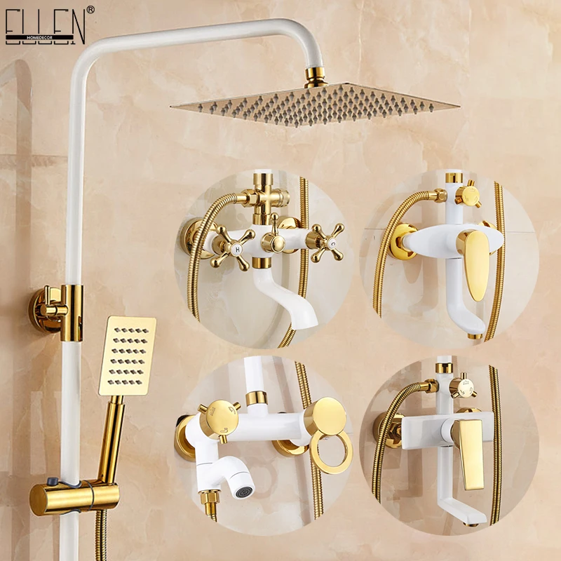 

ELLEN Rainfall Shower Set White Gold Bath Shower Faucet Hot Cold Bathroom Faucets with Hand Shower EL3908