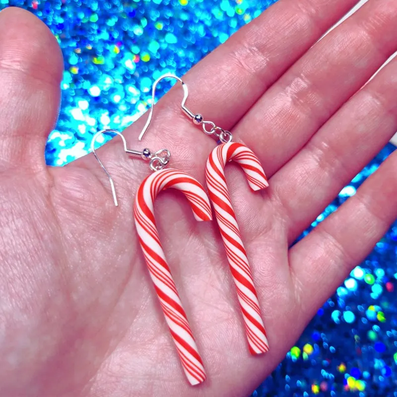 Cute Colour Candy Cane Crutch Earrings Christmas Nordic Style Handmade Weaving Red Color Santa Jewel Accessories Christmas gifts