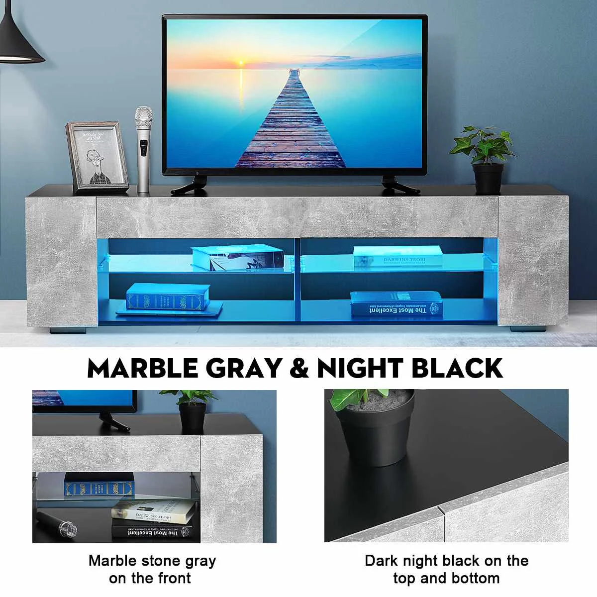 Modern RGB LED TV Stands Home Living Room Lighting Furniture TV Tables TV Unit Bracket With 2 Side Cabinet Storage Organizer